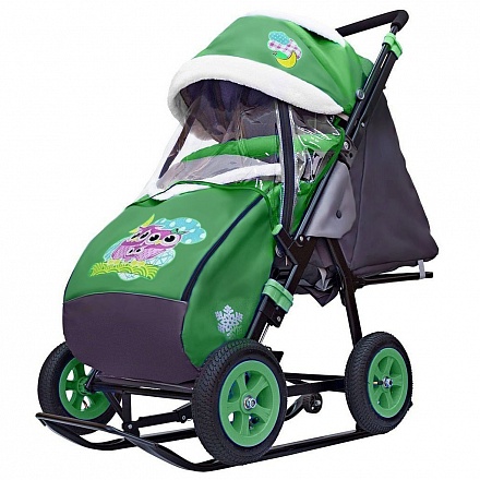 Санки-коляска Snow Galaxy City-1-1, дизайн - Совушки на зелёном, на больших надувных колёсах с сумкой и варежками 